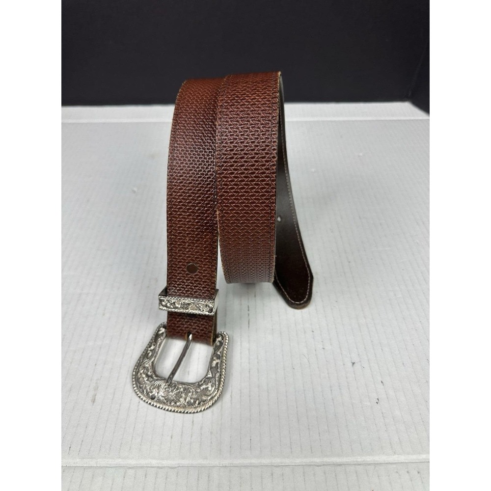 VTG Tex Tan Unisex Belt Size 36 Brown Silver Buckle Genuine Cowhide Leather